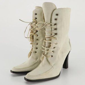 Ralph Lauren Collection Shearling Lined Heeled Boots in Beige Suede